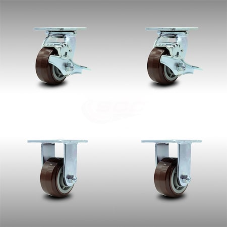 Service Caster 4 Inch SS Polyurethane Caster Set with Ball Bearings 2 Brakes 2 Rigid SCC SCC-SS30S420-PPUB-TLB-2-R-2